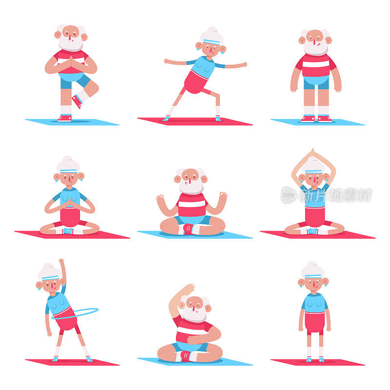 Cute elderly people doing yoga and fitness exercises. Funny vector cartoon old man and woman characters set isolated on a white background.